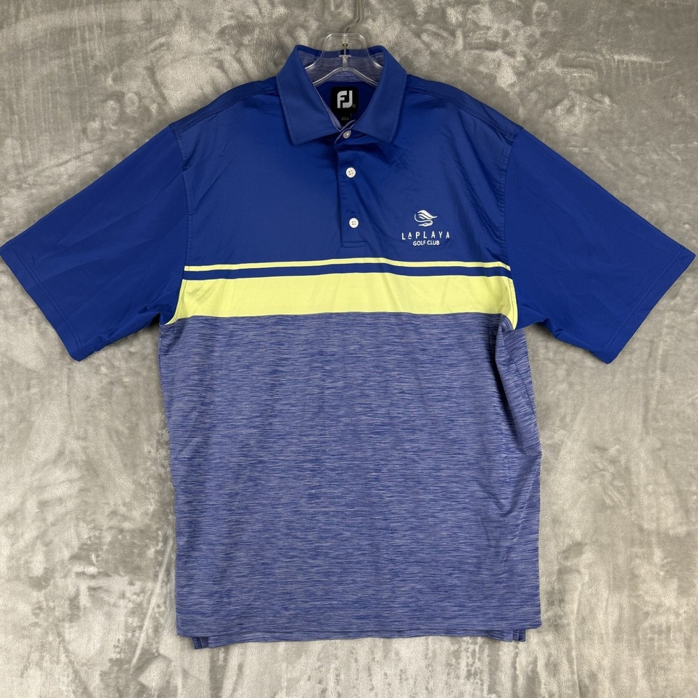 Mens FJ FootJoy La Playa Golf Club Royal Blue Yellow Stripe Polo Shirt L